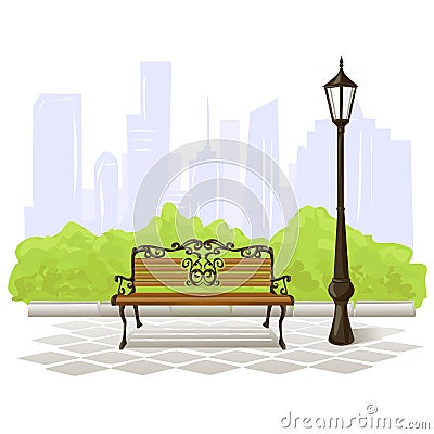 Bench and streetlight on city background Vector Illustration