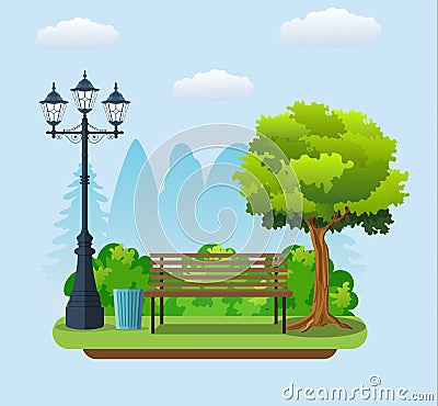 Bench with tree and lantern in the Park. Vector Illustration