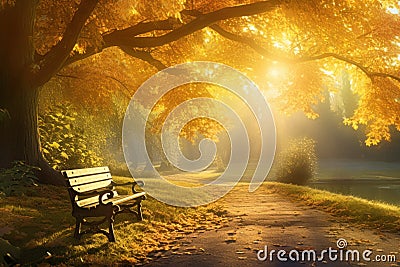 A bench under a yellow tree by a path in tranquil autumn park lit by warm sunbeams. Generative AI illustration Cartoon Illustration