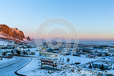 Bench view point Iceland. Spectacular city cliff and ocean view Stock Photo