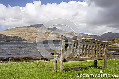 Bench of view of scottish highlands in mull Stock Photo