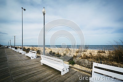 Benches on the boardwalk in Rehoboth Beach, Delaware. Stock Photo