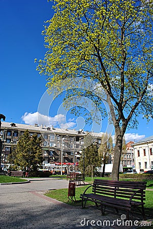 Benches in the park with green lawns, buildings Music college and apartment, office buildings on the background Stock Photo