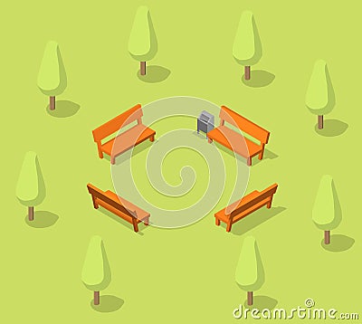 Benches in the park. Resting place in the forest. Parkland. Vector Isometric stock Stock Photo