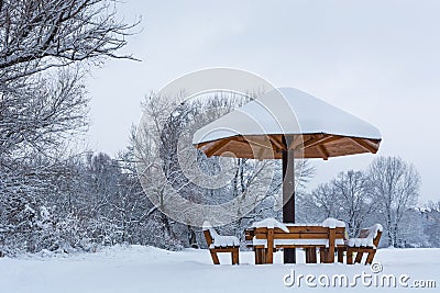 Benches with roof in the form of mushrooms covered with snow on cold winter day Stock Photo