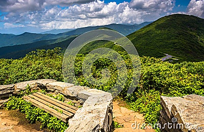 Benches and view of the Appalachians from Craggy Pinnacle Stock Photo