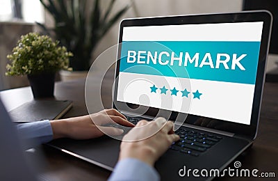 BENCHMARK, business processes and performance metrics to industry bests practices from other companies. Stock Photo