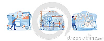 Benchmarking concept. Business people development business efficiency. Using digital tablet and laptop to analysis benchmarking. Vector Illustration