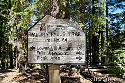 Sign for the Paulina Falls Trail, a popular waterfall in Newberry Volcano National Monument Editorial Stock Photo