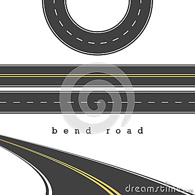 Bend Road, Straight and Curved Roads Vector Set, Road Junction. Vector Illustration. White and Yellow Road Marking Vector Illustration