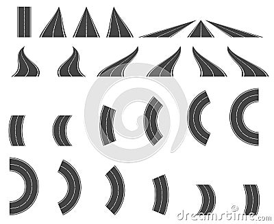 Bending roads and high ways. Road curves geometric design, street intersection, connecting major towns or cities. Vector Illustration