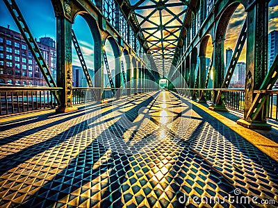 Intriguing Abstract Patterns Surreal Bridge Shadows Dance on the Urban Pavement Unveiling Unexpected Geometric Forms Stock Photo