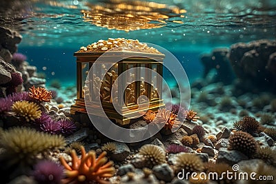 Beneath the Ocean Depths - A Treasure Chest of Precious Stones, Gold, and Marine Wonders Stock Photo