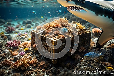 Beneath the Ocean Depths - A Treasure Chest of Precious Stones, Gold, and Marine Wonders Stock Photo