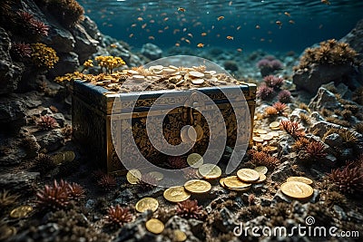 Beneath the Ocean Depths - A Treasure Chest of Precious Stones, Gold, and Marine Wonders Stock Photo