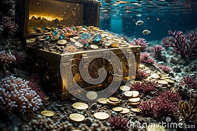 Beneath the Ocean Depths - A Treasure Chest of Precious Stones, Gold, and Marine Wonders Stock Photo