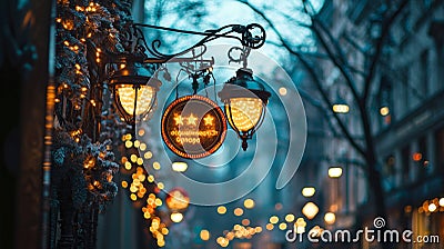 Enchanting evening stroll on a festive street adorned with glowing lanterns and holiday lights Stock Photo