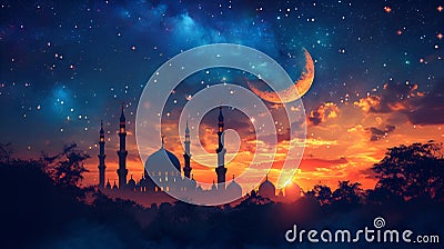 Beneath the starry night, a mosque and its minarets stand under the moon, Ramadan Stock Photo