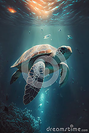 Beneath the Waves: A Beautiful Turtle in the Ocean Stock Photo