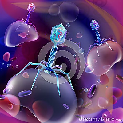 The beneficial bacteriophage virus in the human internal environment destroys harmful bacteria. Cartoon Illustration