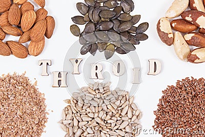 Beneficial eating for thyroid gland. Healthy ingredients as source vitamins and minerals. White background Stock Photo