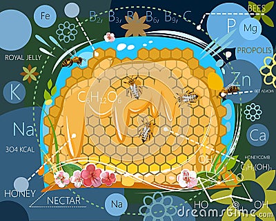 The benefits of bee products. Vitamins, trace elements, calories, energy value. The chemical composition of honey, wax, nectar, be Vector Illustration