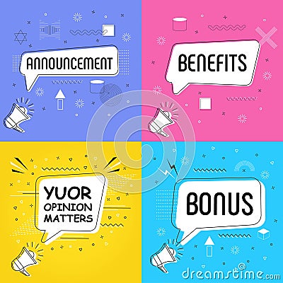Benefits in bubble vector on bright yellow background. Announsement comic speech bubble Vector Illustration