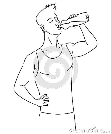 Benefits drinking water in coloring style. Healthy human body hydration, man with bottle drinks water. Healthcare drink Vector Illustration