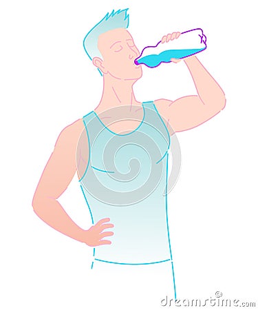 Benefits drinking water. Healthy human body hydration, man with bottle drinks water. Healthcare drink illustration Vector Illustration
