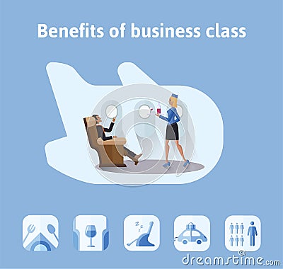 Benefits of flights in business class. Respectable businessman sitting in airplane seat, the stewardess bringing him a Vector Illustration