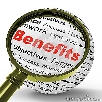 Benefits Magnifier Definition Means Advantages Or Monetary Bonus Stock Photo