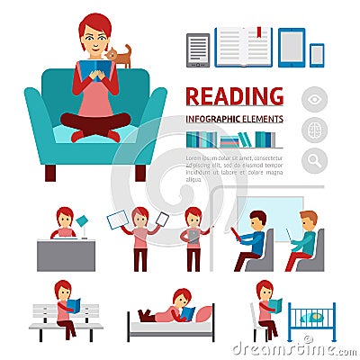 Benefits of reading books infographic elements, woman sitting in a comfortable chair and read book vector flat icons Vector Illustration