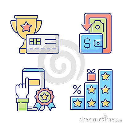 Benefits and refunds RGB color icons set Vector Illustration