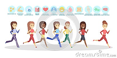 Benefits of running or jogging infographic. Idea of healthy and active lifestyle Vector Illustration