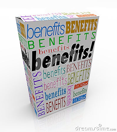 Benefits Word Product Box Marketing Unique Qualities Stock Photo