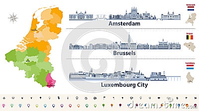 Vector regions map of Belgium, Netherlands and Luxembourg. Amsterdam, Brussels and Luxembourg City flat style skylines Vector Illustration