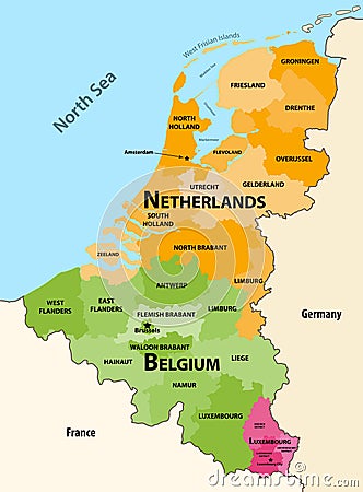 Vector regions map of Benelux countries: Belgium, Netherlands and Luxembourg, with neighbouring countries and territories Vector Illustration