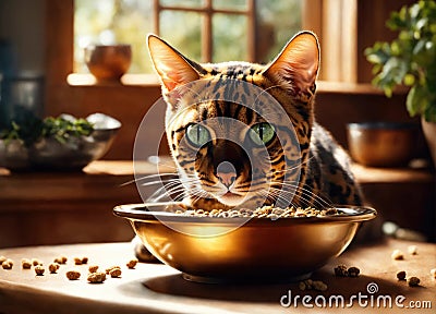 Bengal breed cat eats pieces of raw meat from a bowl. Pets Stock Photo