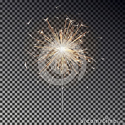 Bengal fire. New year sparkler candle isolated on transparent background. Realistic vector light eff Vector Illustration