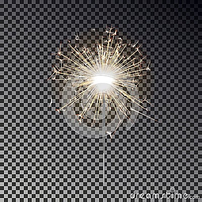 Bengal fire. New year sparkler candle isolated on transparent background. Realistic vector light eff Vector Illustration