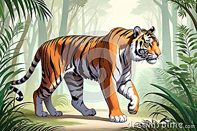 Bengal Tiger animal walking caricature Cartoon Illustration