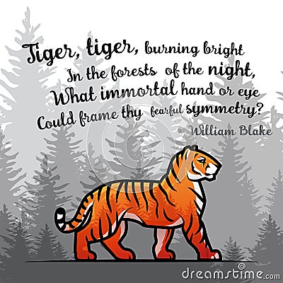 Bengal Tiger in forest poster design. Double exposure vector template. Old poem by William Blake illustration on foggy Vector Illustration