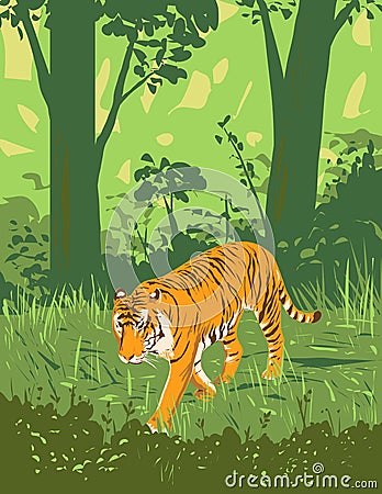 Bengal Tiger in Kanha Tiger Reserve Madhya Pradesh India Art Deco WPA Poster Art Vector Illustration