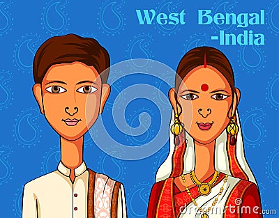 Bengali Couple in traditional costume of West Bengal, India Vector Illustration