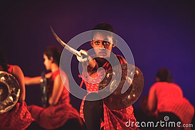 Bengaluru, INDIA â€“ March 29,2018:Junior kalari artist dances gracefully in the hall at Sevasadan hall in Bengaluru,India Editorial Stock Photo