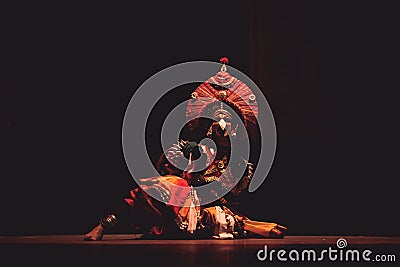 Bengaluru, INDIA â€“ March 29,2018:A yakshagana dancer dances gracefully in Sevasadan hall in Bengaluru,India Editorial Stock Photo