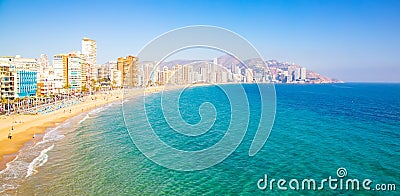 Benidorm city skyline and beach Platja de Llevant, Spain Stock Photo