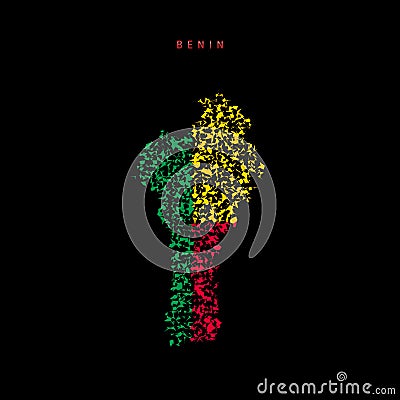 Benin flag map, chaotic particles pattern in the Dahomey flag colors. Vector illustration Vector Illustration