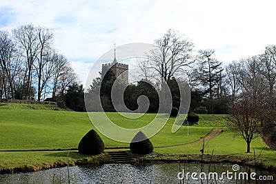 Benington Lordship Gardens pond and lawn Stock Photo