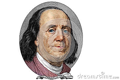 Benjamin Franklin cut on old 100 dollars banknote isolated on white background Editorial Stock Photo